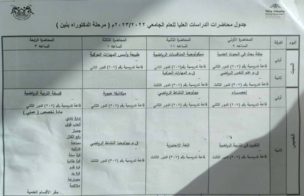 جدول محاضرات الدراسات العليا للعام الجامعى 2022/2023م (دكتوراة بنين )