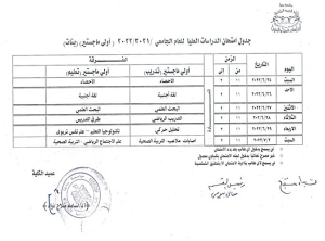 جدول امتحانات طلاب الدراسات العليا  مرحلة ( اولى ماجستير بنات )