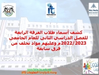 كشف أسماء طلاب الفرقة الرابعة للفصل الدراسي الثانى للعام الجامعى 2022/2023م وعليهم مواد تخلف من فرق سابقة