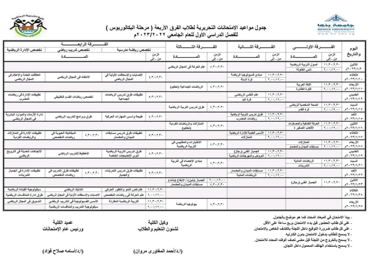 جدول المعدل امتحانات التحريرية للفرق الاربعة للفصل الدراسي الاول للعام الجامعى 2022/203م